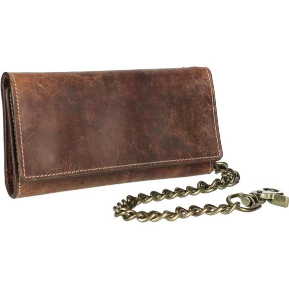 Crazy Horse Leather RFID Long Trifold Chain Wallet For Men - Picture 3 of 6